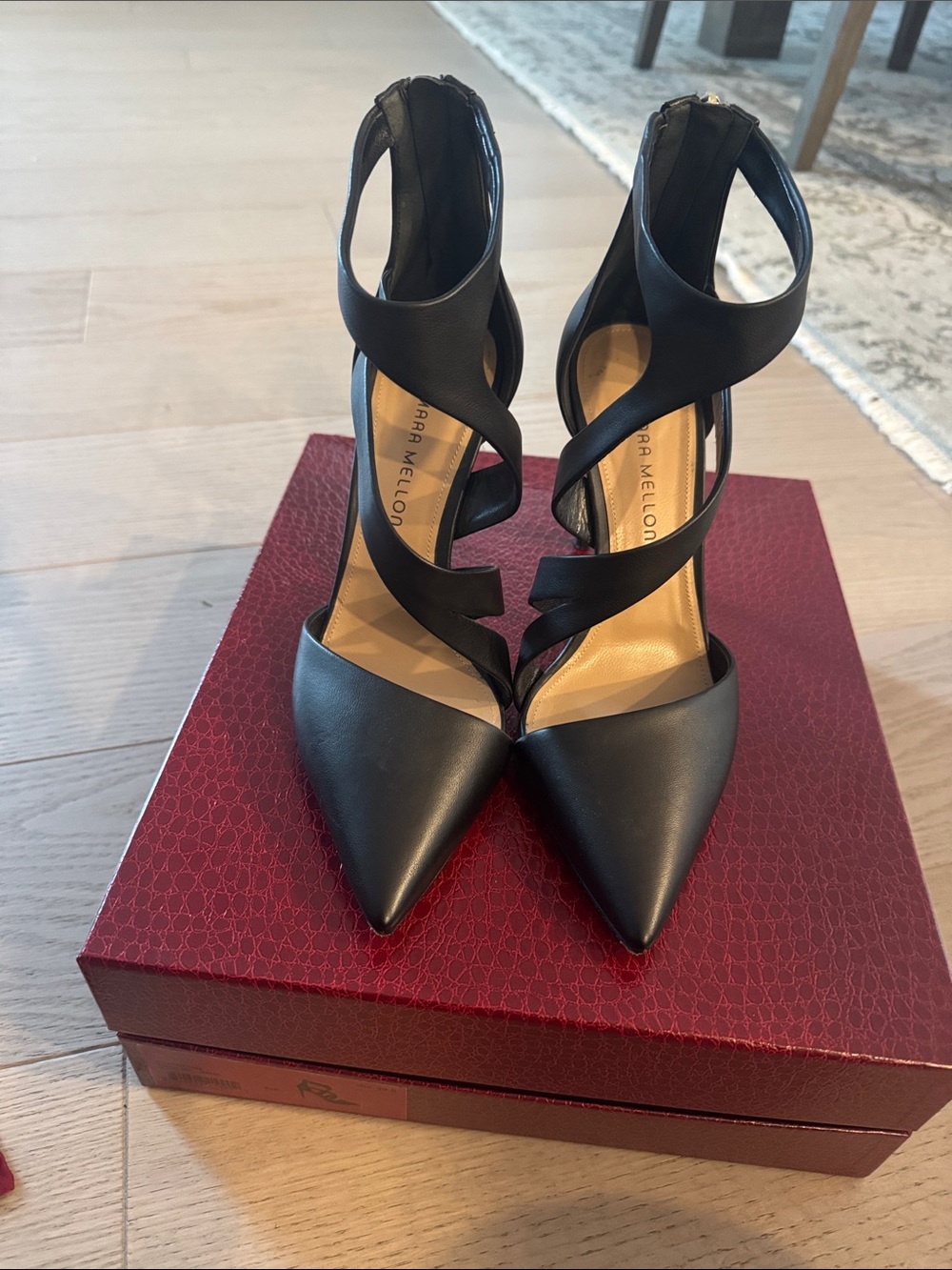 Tamara Mellon Black Leather Crisscross Pointed-Toe Heels
